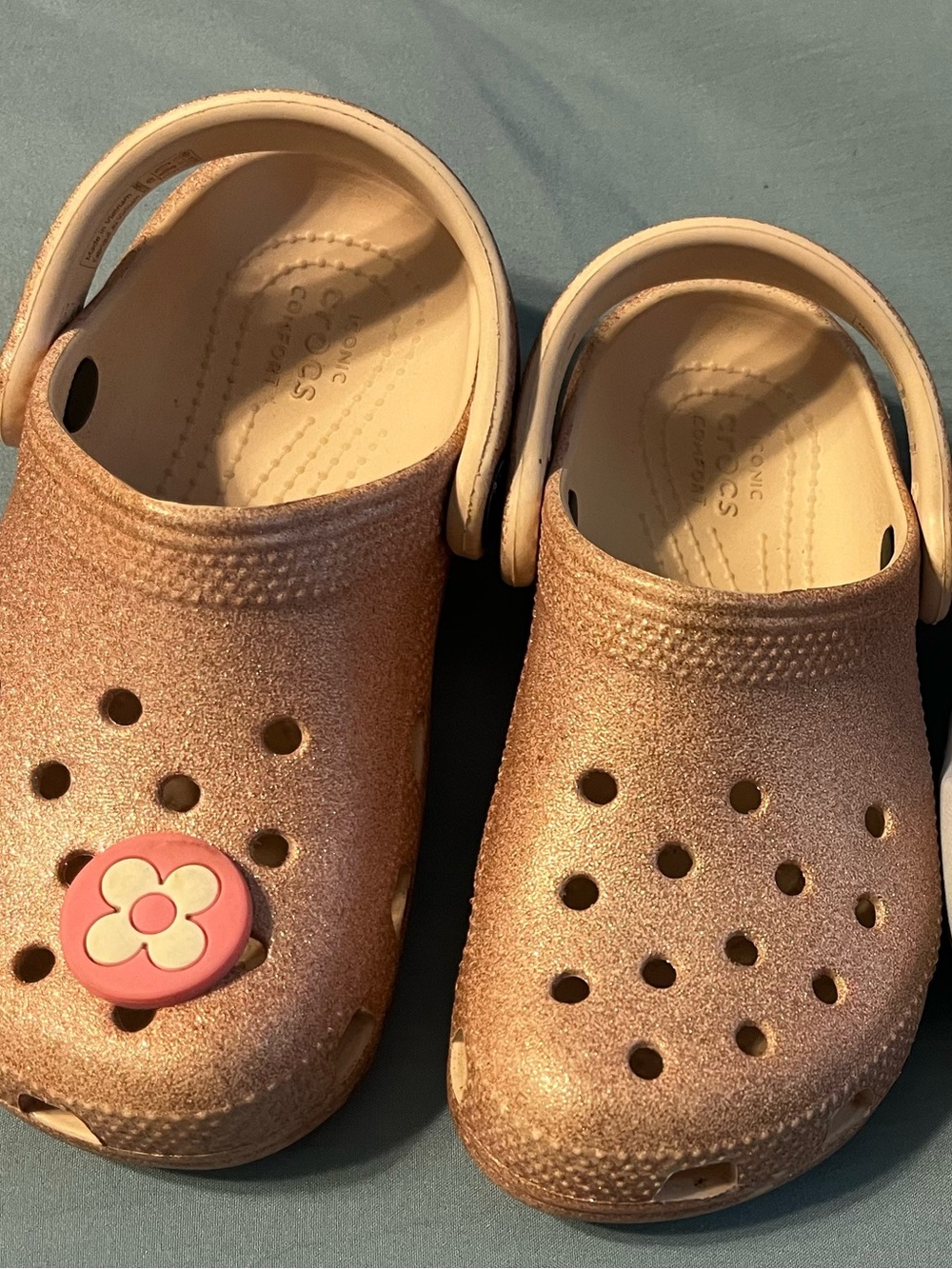 CROCS Kids' Glitter Clog in Rose Gold and White with Purple Strap